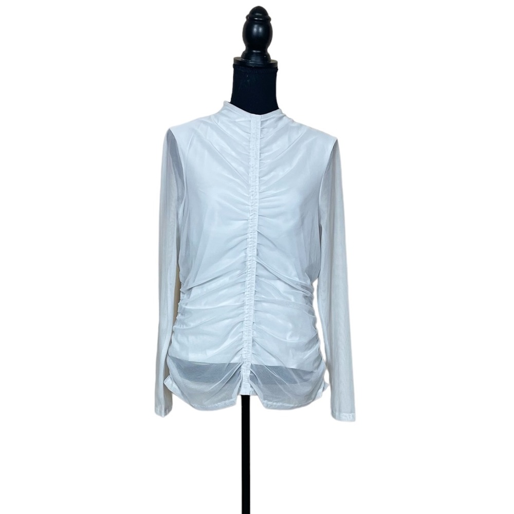 NWT DKNY Long Sleeve Ruched Mesh Top in Light Gray (AA)